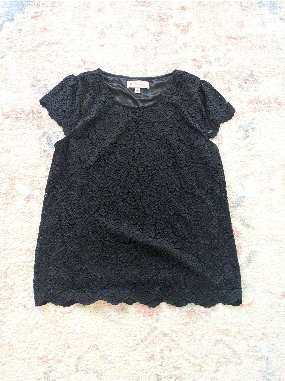Philosophy Black Floral Lace Short Sleeve Blouse